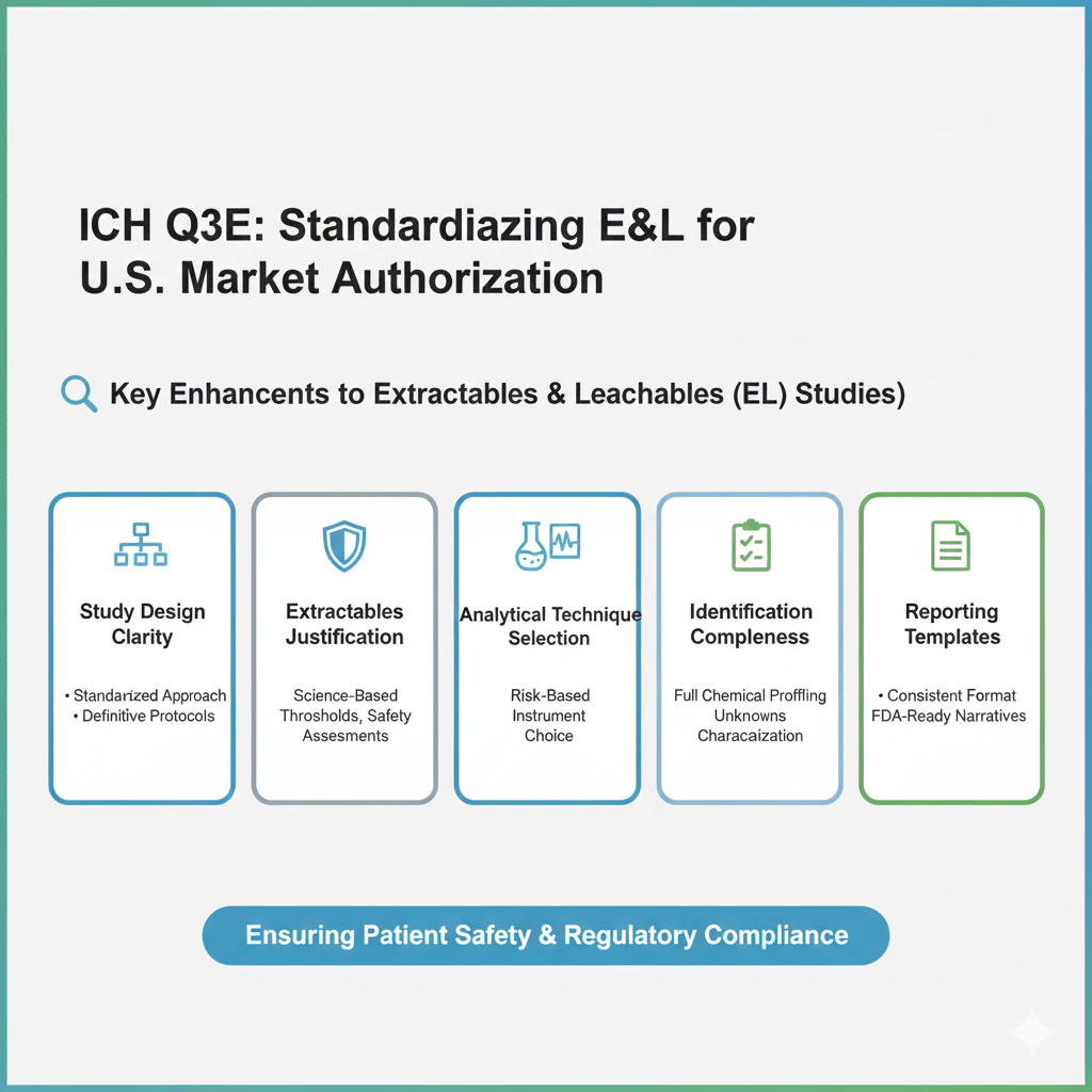 ICH Q3E Influences U.S. E&L Requirements Comprehensive guide to Extractables and Leachables (E&L) requirements for U.S. market authorization and FDA-compliant study expectations.