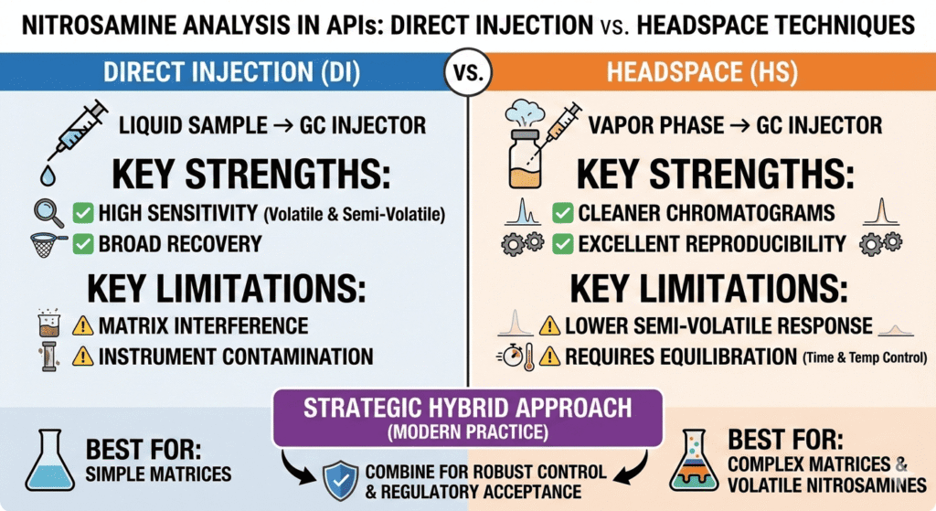 Nitrosamine analysis in APIs: Direct injection vs. Headspace techniques
