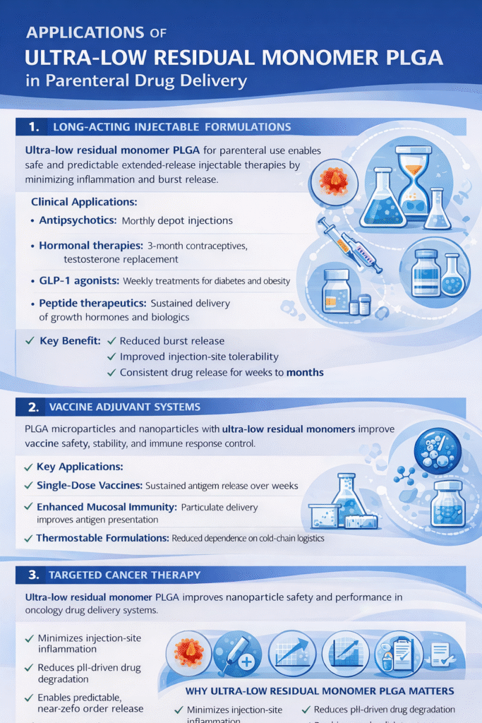 Applications of Ultra-Low Residual Monomer PLGA in Parenteral Drug Delivery