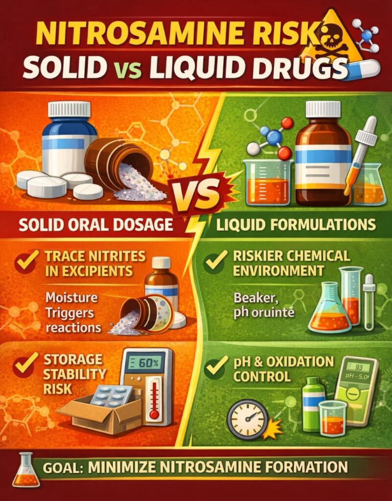 Nitrosamine Risk in Solid vs Liquid Dosage