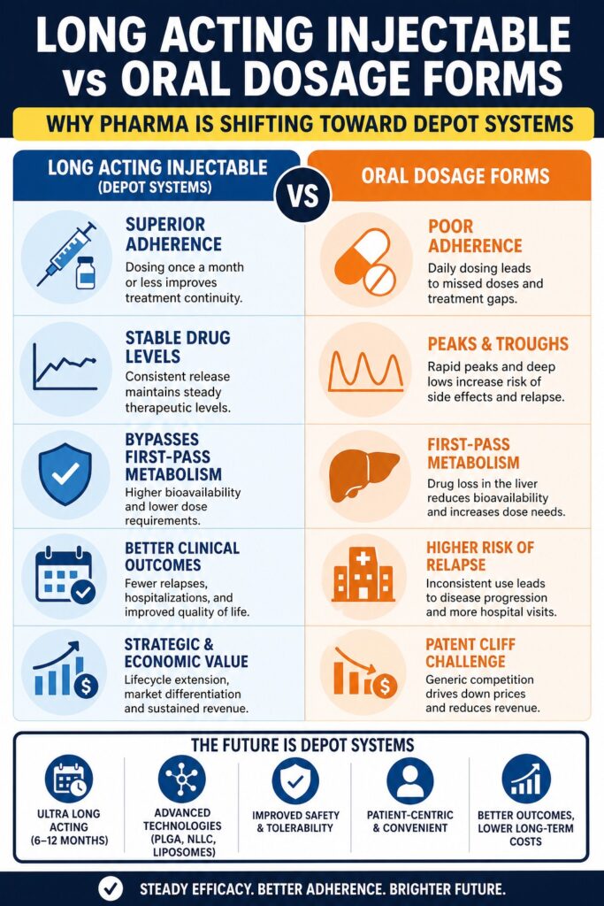 Long Acting Injectable vs Oral Drug Delivery