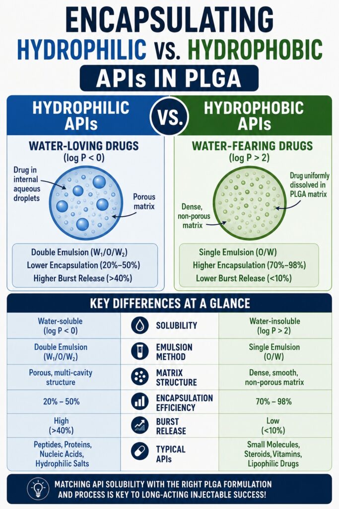 Encapsulating Hydrophilic vs Hydrophobic APIs in PLGA