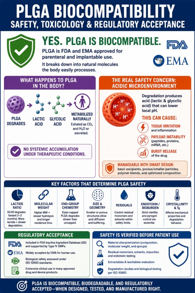 PLGA Biocompatibility, Safety, Toxicology & Regulatory