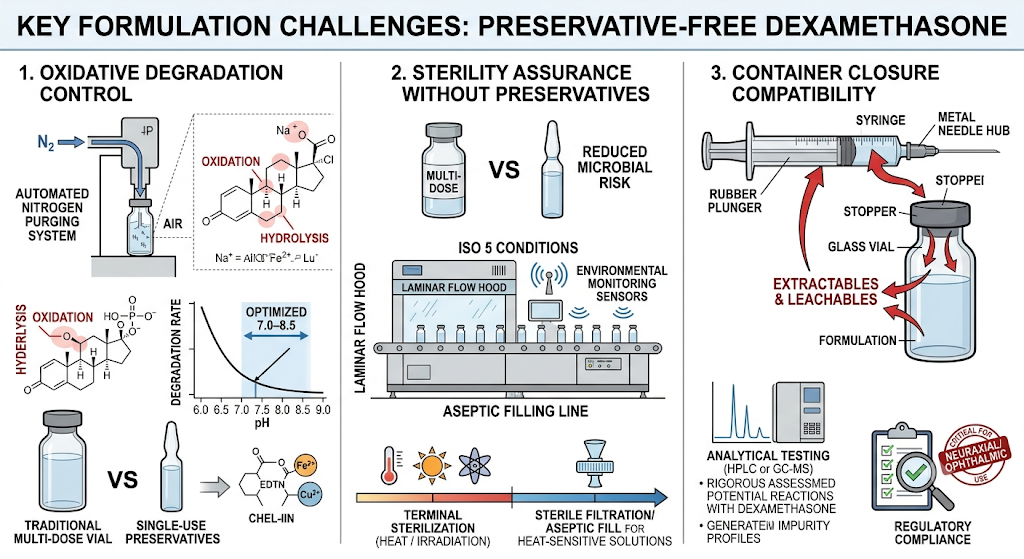 What Formulation Challenges Arise in Preservative-Free Dexamethasone Development?