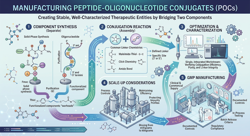 Synthesis and Manufacturing of Peptide-Oligonucleotide Conjugates