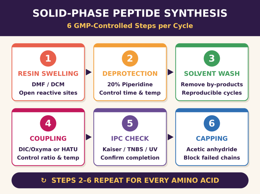 Sequential Manufacturing Steps in Solid-Phase Peptide Synthesis