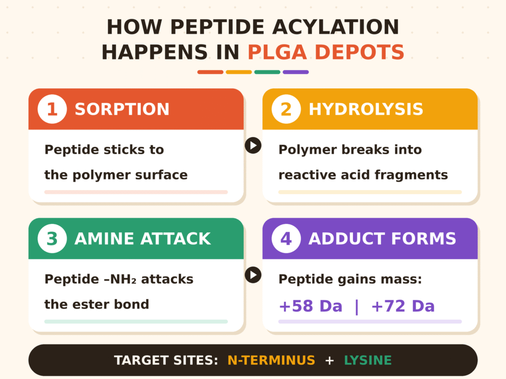 Mechanisms of Peptide Acylation inside PLGA Depots